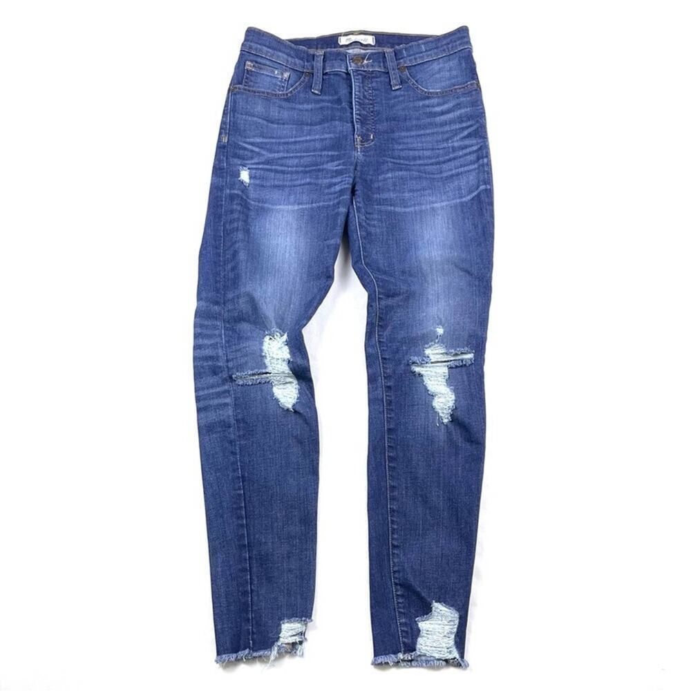 $135 Madewell Dark Wash 9" High Rise Skinny Jeans Destructed Edition - Picture 5 of 8